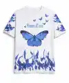 Asit Yıkamalı Oversize Tişört Mavi Kelebek Baskılı Dijital Print Bisiklet Yaka Streetwear T-Shirt - Beyaz