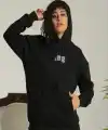 Baskılı Oversize Üç İplik Kapüşonlu Sweatshirt - Siyah