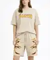 Bej Oversize Baskılı Tişört Şort Takım Cepli Şort Yazlık Rahat Günlük Kombin - Bej