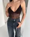 Dantel Detaylı Derin Dekolte Body Şık Kolsuz Yazlık Bodysuit - Kahvrenegi