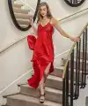 DANTELLİ UZUN YIRTMAÇLI SATEN GECELİK ELBİSE STRİNG TAKIM KIRMIZI (MGP31512)