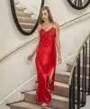 DANTELLİ UZUN YIRTMAÇLI SATEN GECELİK ELBİSE STRİNG TAKIM KIRMIZI (MGP31512)