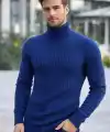 Erkek Balıkcı Yaka Bağazlı Triko Kazak Pamuklu Kalın Fitilli Dokuma, Regular Fit Uzun Kollu Kışlık Model - İndigo