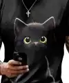 Erkek Bisiklet Yaka Kedi Baskılı Süprem T-shirt