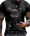 Erkek Bisiklet Yaka Kedi Baskılı Süprem T-shirt