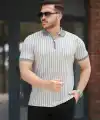 Erkek çizgili Fermuar Yakalı Kısa Kollu Tişört