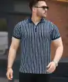 Erkek çizgili Fermuar Yakalı Kısa Kollu Tişört