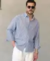 Erkek İnce Çizgili Gofre Kumaş Rahat Kalıp Gömlek