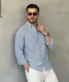 Erkek İnce Çizgili Gofre Kumaş Rahat Kalıp Gömlek