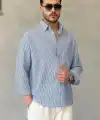 Erkek İnce Çizgili Gofre Kumaş Rahat Kalıp Gömlek