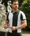 Erkek Kısa Kollu Polo Yakalı Blok Desenli Triko Bluz