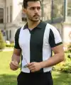 Erkek Kısa Kollu Polo Yakalı Blok Desenli Triko Bluz