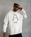 Erkek Nihilist Penguen Özel Tasarım Oversize Kapüşonlu Sweatshirt - Beyaz