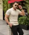 Erkek Örgü Desen Fermuar Yakalı Triko Tişört