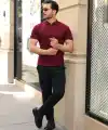 Erkek Örgü Desen Yakalı Kısa Kollu Triko Tişört