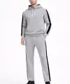 Erkek Şeritli Eşofman Takım Kapüşonlu Sweatshirt Boru Paça Alt, Oversize 3 Iplik Pamuklu - Gri