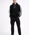 Erkek Şeritli Kapüşonlu Sweatshirt Oversize 3 Iplik Pamuklu - Siyah