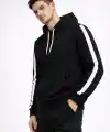 Erkek Şeritli Kapüşonlu Sweatshirt Oversize 3 Iplik Pamuklu - Siyah
