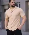 Erkek Waffle Kumaş Kısa Kollu Düğmeli Açık Yaka Regular Fit Gömlek - Bej