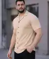 Erkek Waffle Kumaş Kısa Kollu Düğmeli Açık Yaka Regular Fit Gömlek - Bej