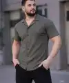 Erkek Waffle Kumaş Kısa Kollu Düğmeli Açık Yaka Regular Fit Gömlek - Haki