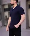 Erkek Waffle Kumaş Kısa Kollu Düğmeli Açık Yaka Regular Fit Gömlek - Lacivert