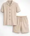 Erkek Waffle Kumaş Kısa Kollu Gömlek Şort Takım Regular Fit Yazlık İkili Set - Bej