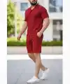 Erkek Waffle Kumaş Kısa Kollu Gömlek Şort Takım Regular Fit Yazlık İkili Set - Bordo