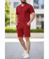 Erkek Waffle Kumaş Kısa Kollu Gömlek Şort Takım Regular Fit Yazlık İkili Set - Bordo