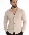 Erkek Waffle Kumaş Uzun Kollu Düğmeli Açık Yaka Regular Fit Gömlek - Bej