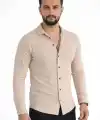Erkek Waffle Kumaş Uzun Kollu Düğmeli Açık Yaka Regular Fit Gömlek - Bej