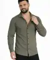 Erkek Waffle Kumaş Uzun Kollu Düğmeli Açık Yaka Regular Fit Gömlek - Haki