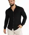 Erkek Waffle Kumaş Uzun Kollu Düğmeli Açık Yaka Regular Fit Gömlek - Siyah