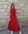 Kadın Arkadan çapraz Detay Yuvarlak Yaka Maksi Viskon Elbise
