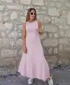 Kadın Arkadan çapraz Detay Yuvarlak Yaka Maksi Viskon Elbise