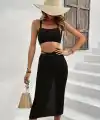 Kadın Askılı Crop Bel Detaylı Derin Yırtmaçlı Etek Triko Ikili Takım