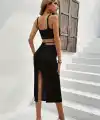 Kadın Askılı Crop Bel Detaylı Derin Yırtmaçlı Etek Triko Ikili Takım