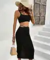 Kadın Askılı Crop Bel Detaylı Derin Yırtmaçlı Etek Triko Ikili Takım