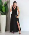 Kadın Askılı Derin V Yakalı Yırtmaçlı Uzun Elbise
