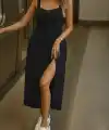 Kadın Askılı Geniş V Yakalı Sırttan Bağlamalı Yırtmaçlı Süprem Elbise