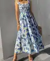 Kadın Askılı Göğüs Gipeli Uzun çiçek Desenli Süprem Elbise