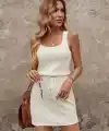 Kadın Askılı Kare Yakalı Belden Bağcıklı Triko Elbise