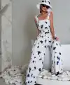 Kadın Askılı Kare Yakalı Desenli Kemersiz Uzun Süprem Tulum