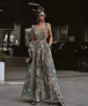 Kadın Askılı Kare Yakalı Desenli Kemersiz Uzun Süprem Tulum