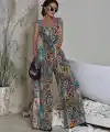 Kadın Askılı Kare Yakalı Desenli Kemersiz Uzun Süprem Tulum