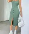 Kadın Askılı Kare Yakalı önden Düğmeli Midi Kaşkorse Elbise
