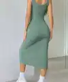Kadın Askılı Kare Yakalı önden Düğmeli Midi Kaşkorse Elbise