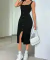 Kadın Askılı Kare Yakalı önden Düğmeli Midi Kaşkorse Elbise
