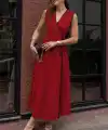Kadın Askılı Kruvaze Yakalı Yandan Düğmeli Midi Elbise