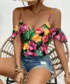 Kadın Askılı Omuzlardan Açık çiçek Baskılı Bluz
